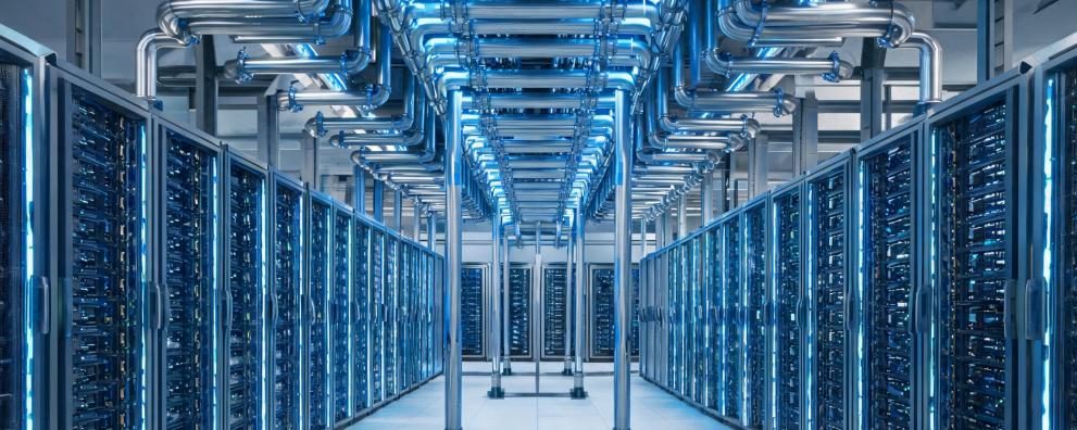 Interior of a liquid-cooled data center with server racks