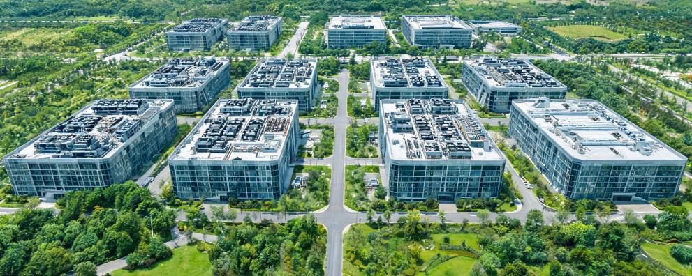 Aerial view of a modern office and technology campus